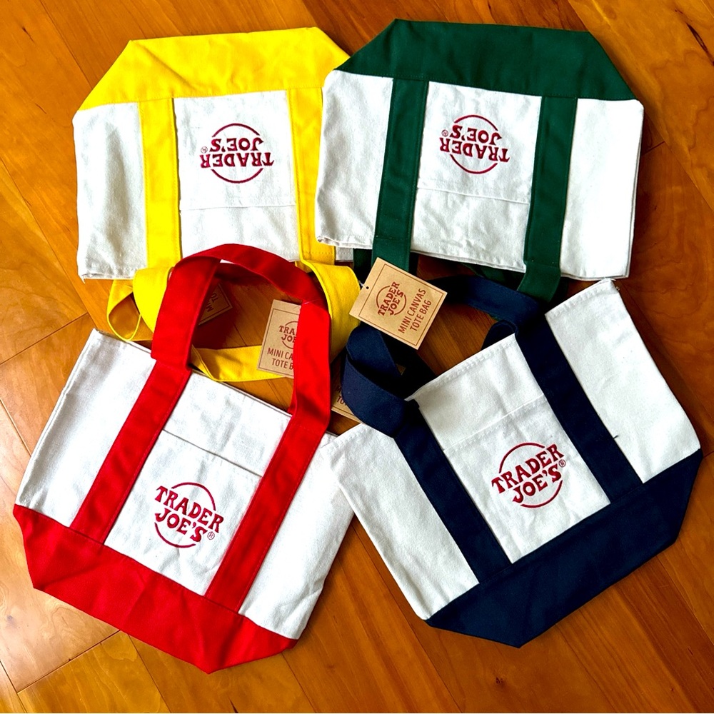 4 Trader Joe’s mini canvas tote bags complete set - Red, blue, green, yellow